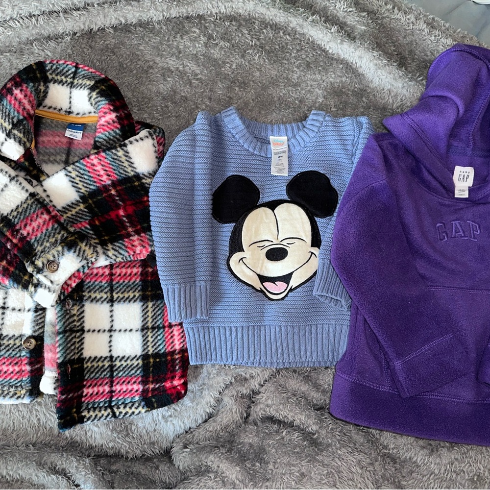Old Navy red plaid sweater/Blue Mickey Mouse Kids Sweater and gap purple hoodie